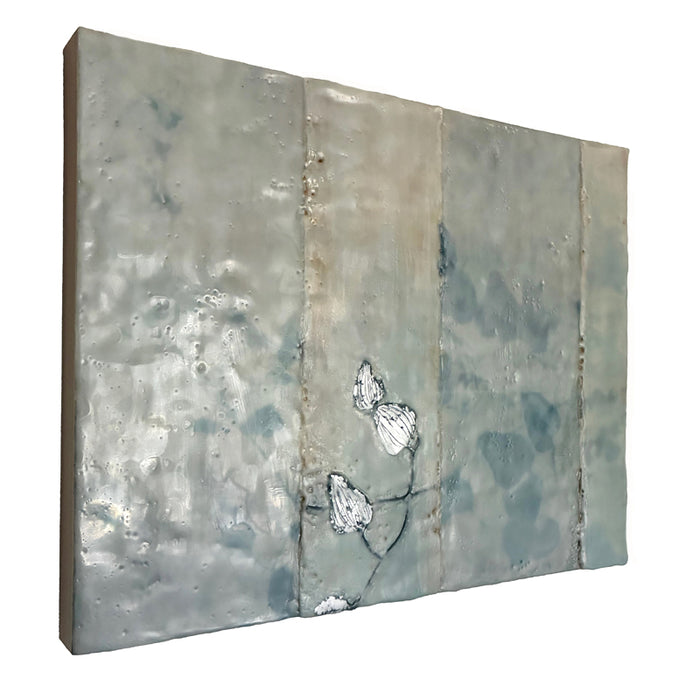 Mixed media encaustic artwork on panel, soft neutral tones in grid pattern with leaves and silver detail. Side view. 