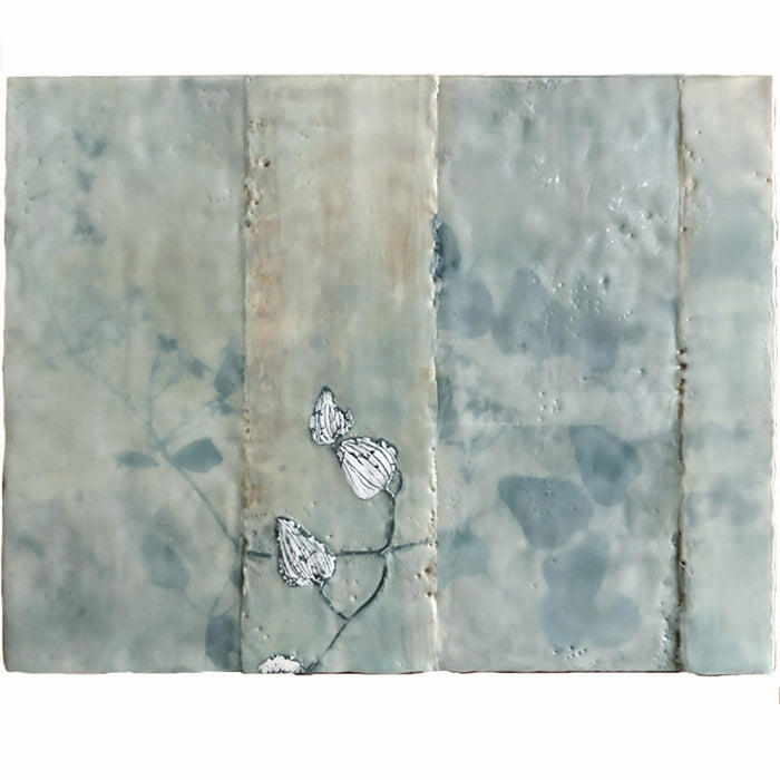 Mixed media encaustic artwork on panel, soft neutral tones in grid pattern with leaves and silver detail. 