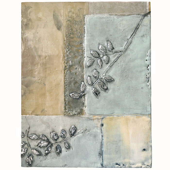 Mixed media encaustic artwork from Liberty Hanson-Wild's series called Yesterday's Seeds.  An abstracted background in neutral colors with textures and leaf pattern with silver. 