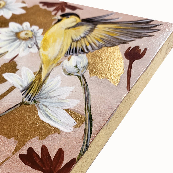 "Garden Friends 1" painting by artist Lynne Miller. The 8 x 8" acrylic and gold leaf painting features a goldfinch, white daisies and a bee, with gold leaf details. Gold leaf side detail.