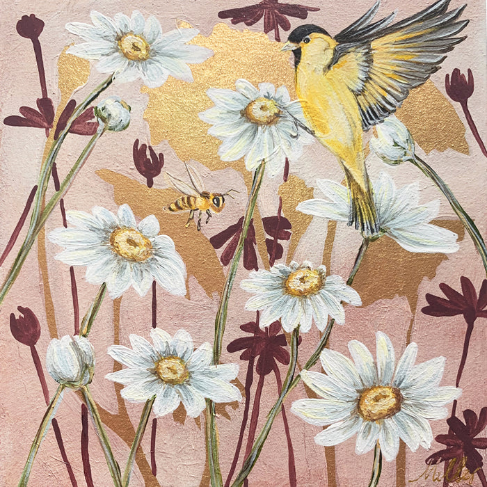 "Garden Friends 1" painting by artist Lynne Miller. The 8 x 8" acrylic and gold leaf painting features a goldfinch, white daisies and a bee, with gold leaf details.
