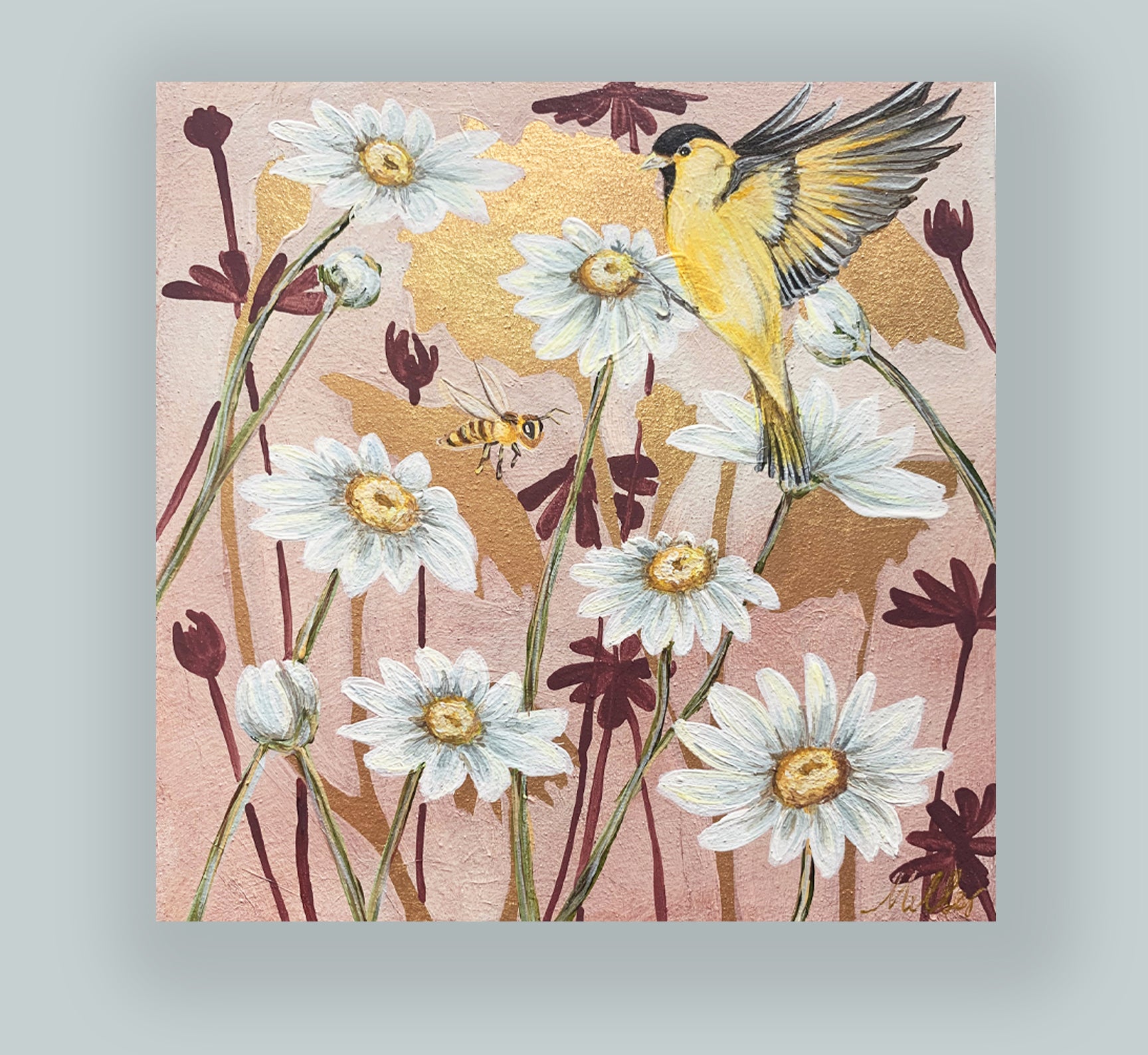 "Garden Friends 1" painting by artist Lynne Miller. The 8 x 8" acrylic and gold leaf painting features a goldfinch, white daisies and a bee, with gold leaf details.