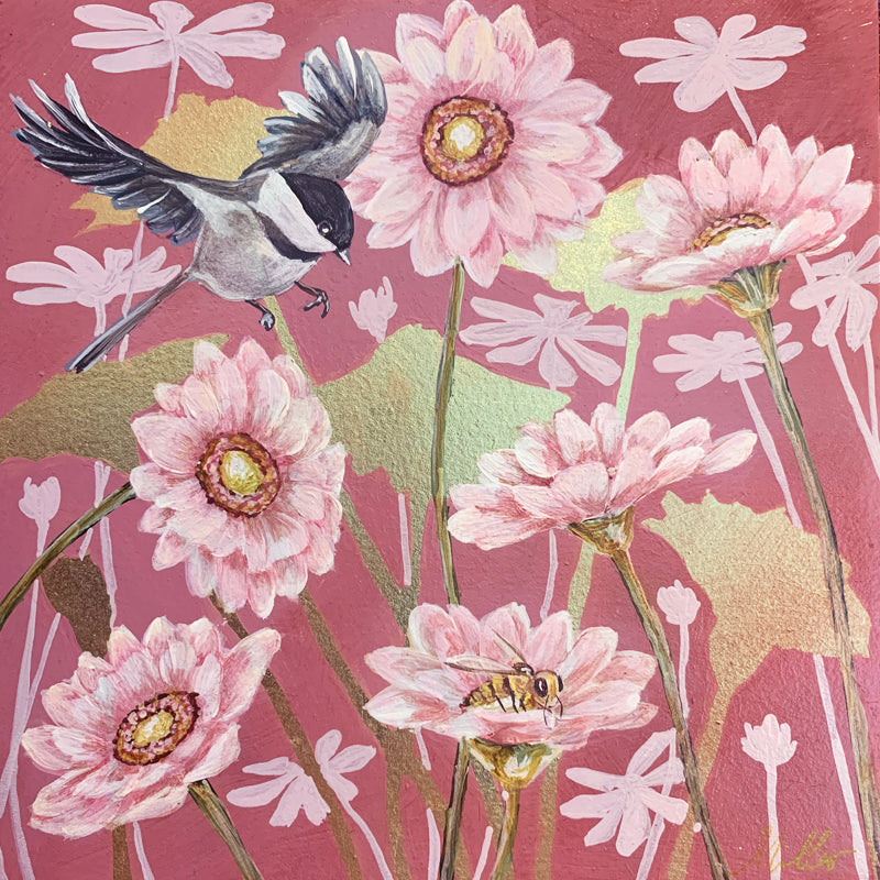 "Garden Friends 2" painting by artist Lynne Miller. The 8 x 8" acrylic and gold leaf painting features a chickadee, light pink daisies and a bee, with gold leaf details.