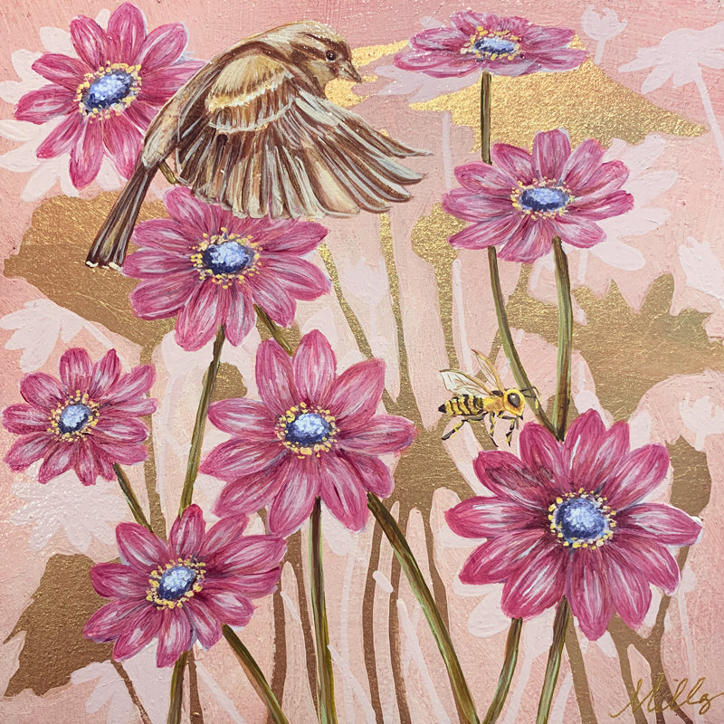 "Garden Friends 3" painting by artist Lynne Miller. The 8 x 8" acrylic and gold leaf painting features a sparrow, pink daisies and a bee with gold leaf details.
