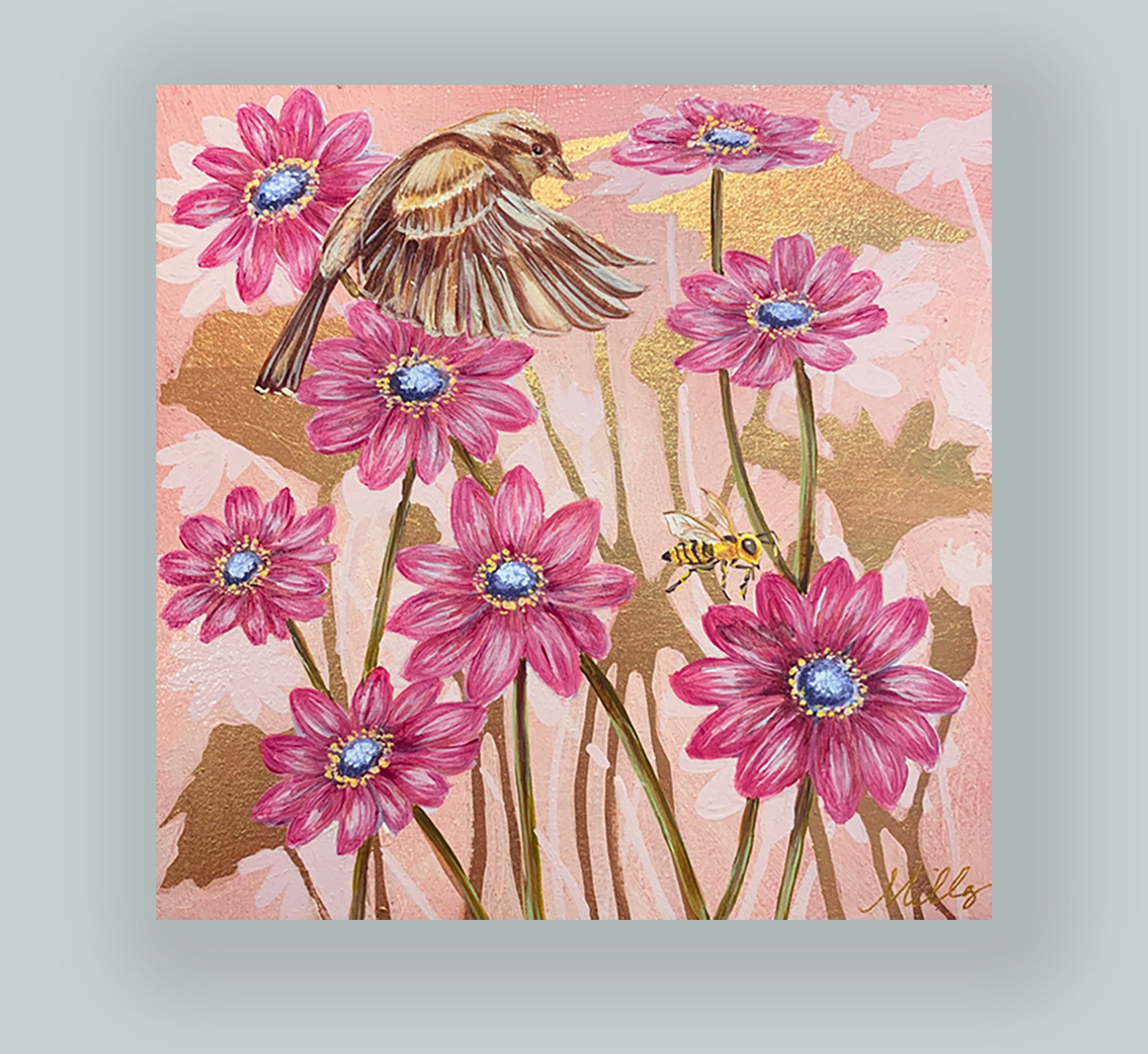 "Garden Friends 3" painting by artist Lynne Miller. The 8 x 8" acrylic and gold leaf painting features a sparrow, pink daisies and a bee with gold leaf details.