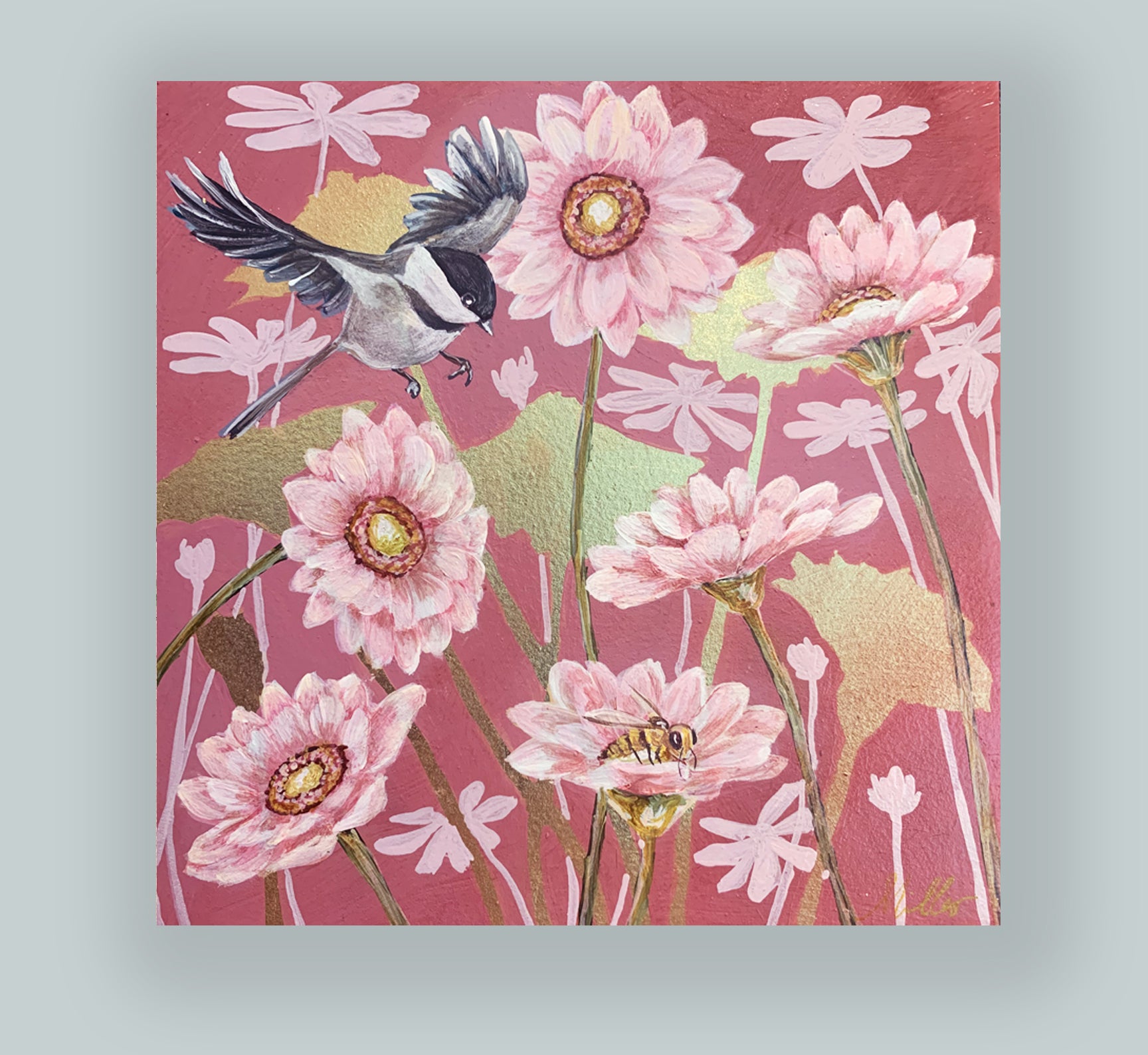 "Garden Friends 2" painting by artist Lynne Miller. The 8 x 8" acrylic and gold leaf painting features a chickadee, light pink daisies and a bee, with gold leaf details.