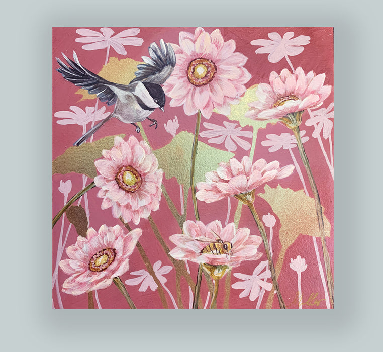 "Garden Friends 2" painting by artist Lynne Miller. The 8 x 8" acrylic and gold leaf painting features a chickadee, light pink daisies and a bee, with gold leaf details.