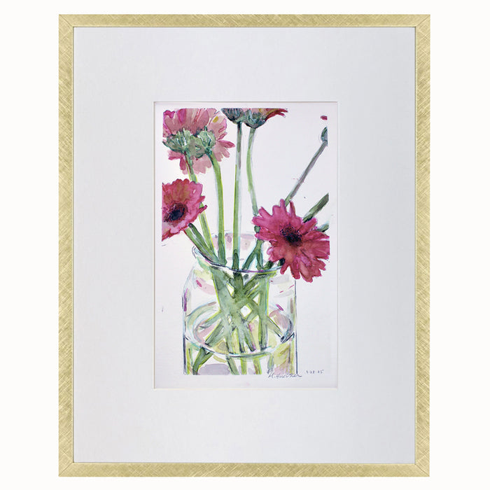 "Daisies 1", Gerber Daisies in a glass vase, framed watercolor painting by Marianne Huebner.