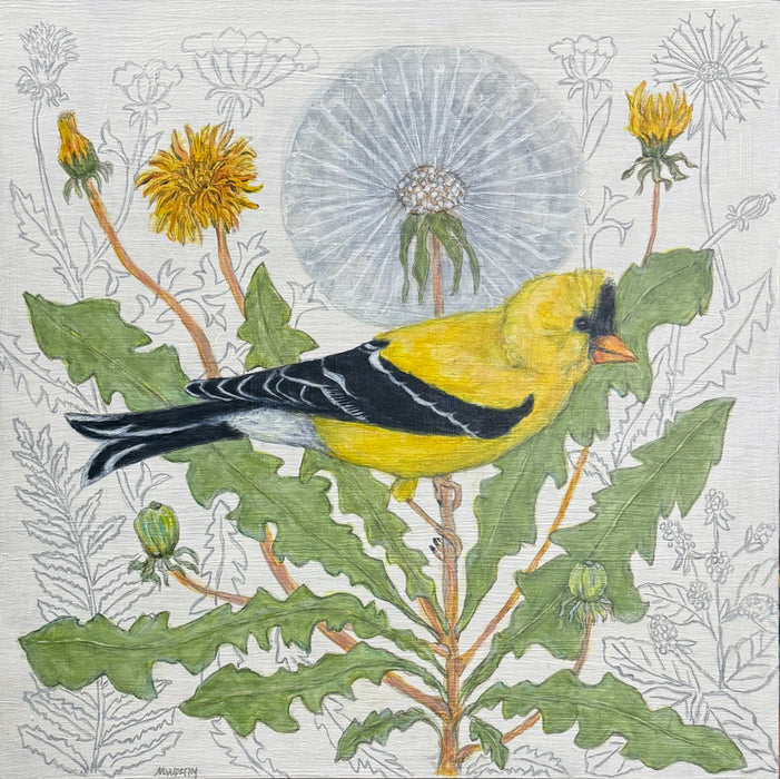 Goldfinch and Fairy Clocks, an illustrative painting by Martha Worthy featuring a goldfinch bird among dandelions. 