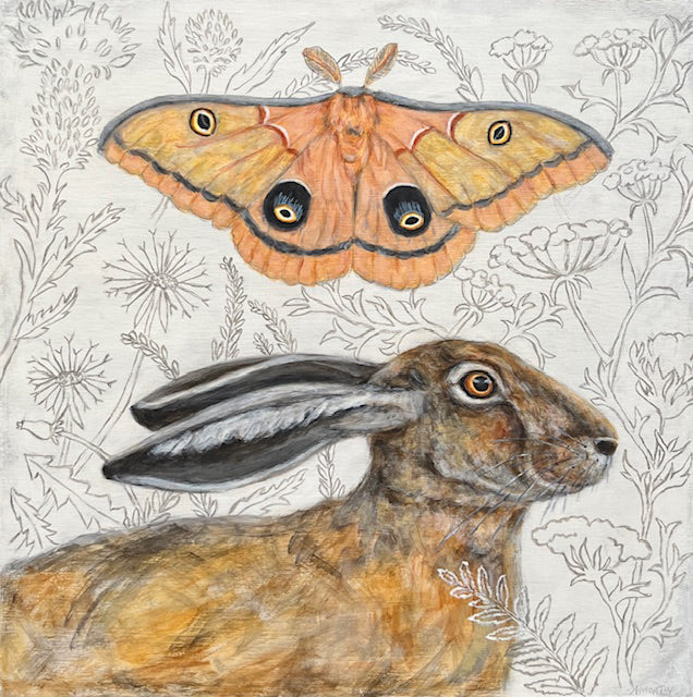 "Guardian Spirits" hare and moth painting by Martha Worthy.