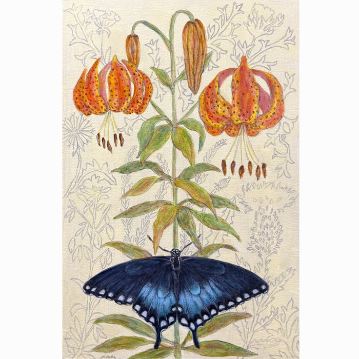 Keeper of Dreams, an illustrative painting by Martha Worthy with a blue swallowtail butterfly and orange tiger lilies. 
