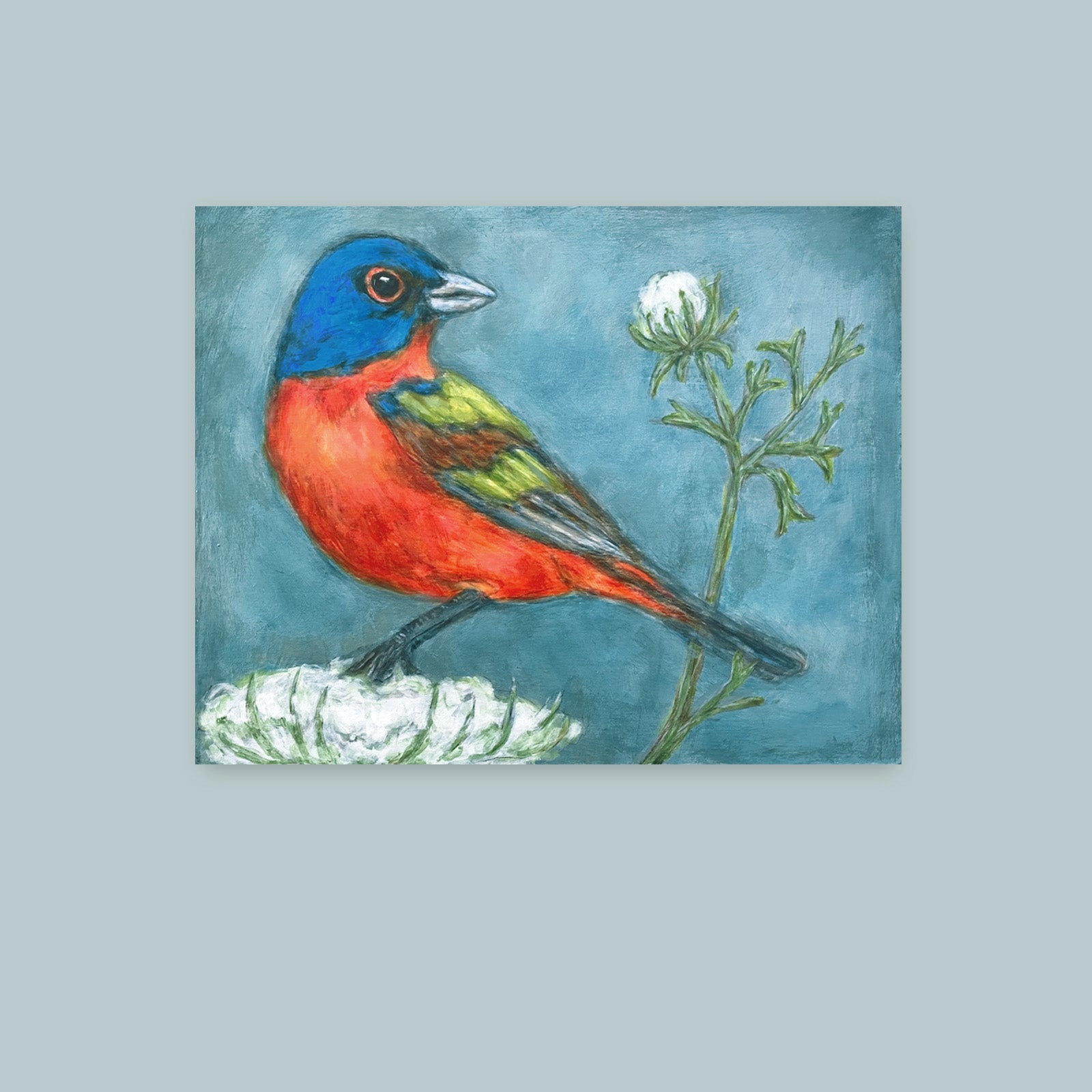 Painted Bunting and Queen Anne's Lace painting by Martha Worthy, on light blue wall