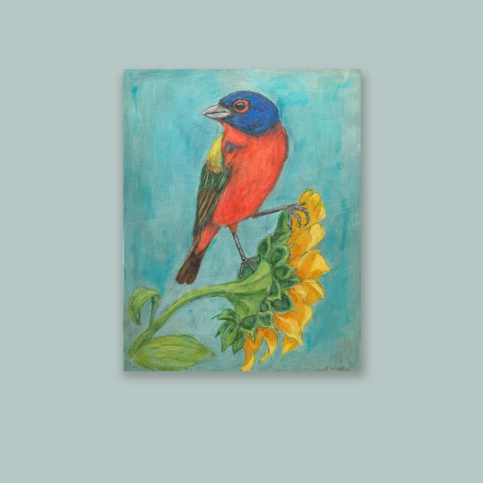 Painted Bunting with Sunflower painting by Martha Worthy, on light blue wall