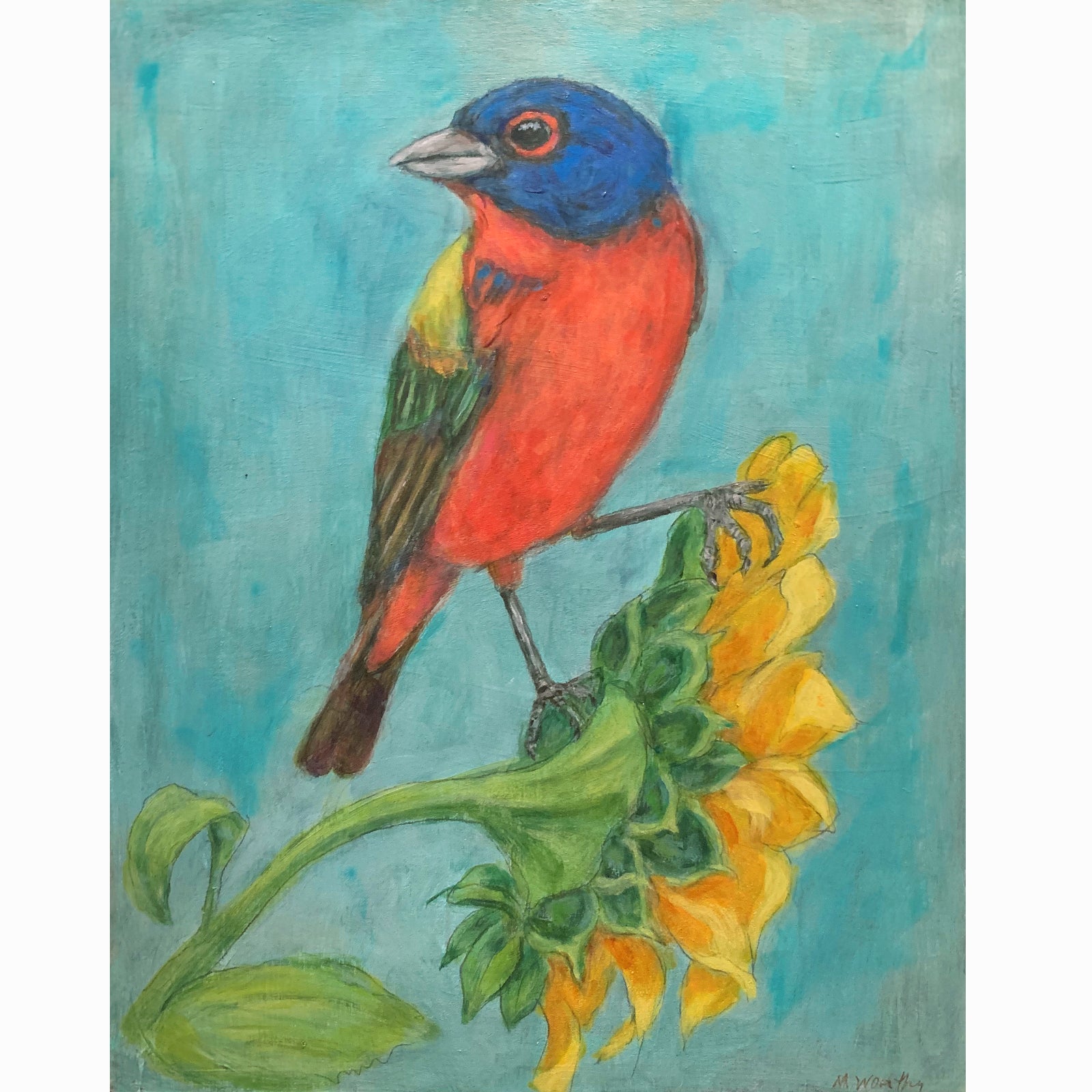 Painted Bunting with Sunflower, painting by Martha Worth