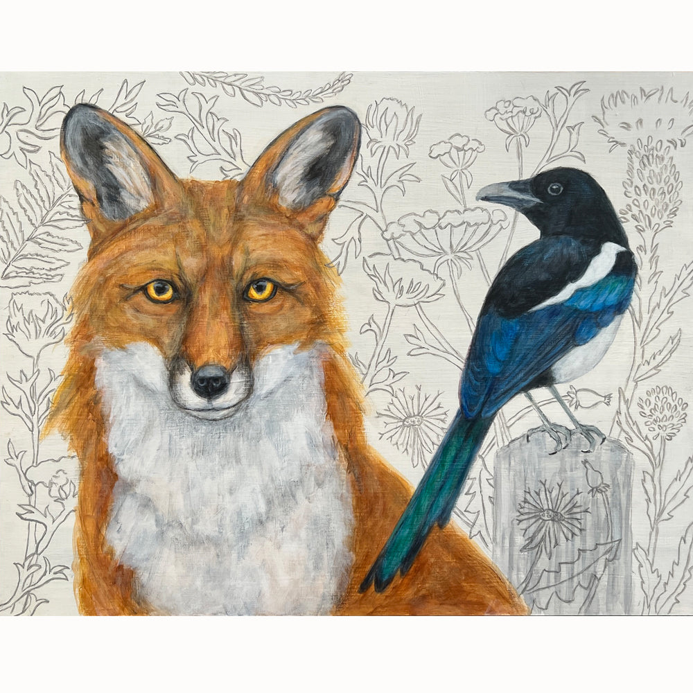 "Protectors of Wisdom", 14 x 18" fox and magpie acrylic painting by Martha Worthy. Sketched botanical details in background.