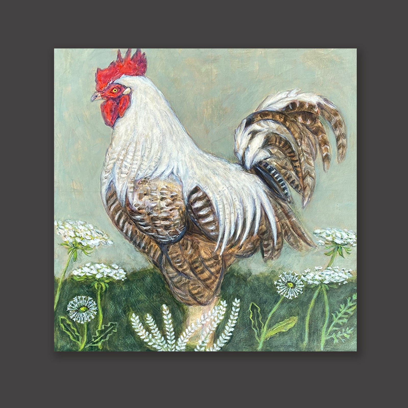 Rooster with Dandelions painting by Martha Worthy, displayed on a dark brown wall..