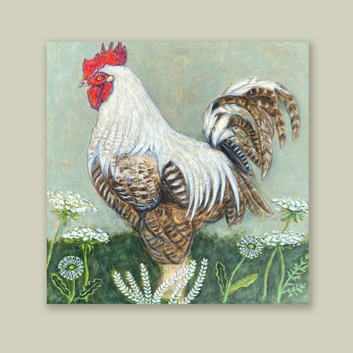 Rooster with Dandelions painting by Martha Worthy, displayed on a light green wall.