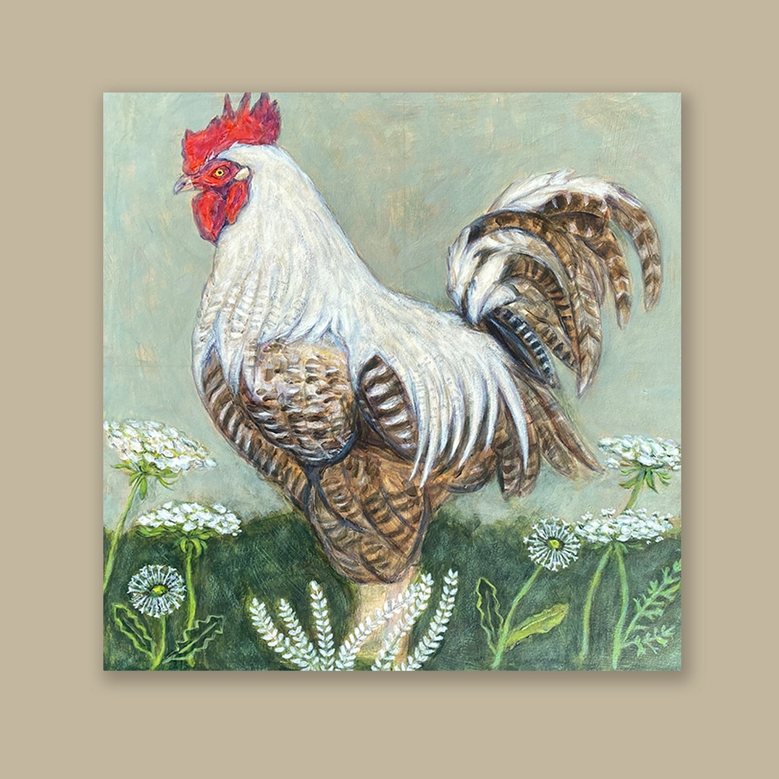 Rooster with Dandelions painting by Martha Worthy, displayed on a tan wall.