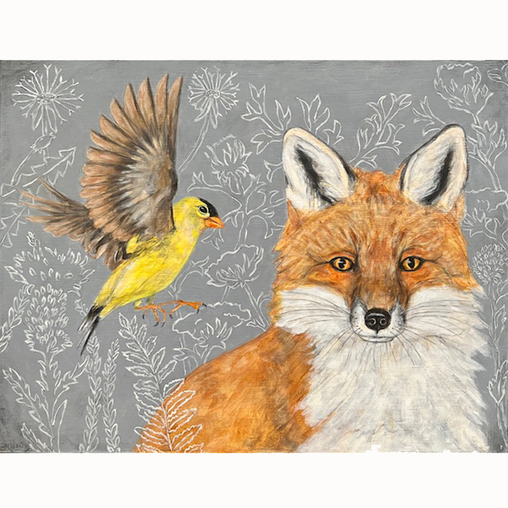 "The Protectors" painting by Martha Worthy, a goldfinch and fox with botanical illustrations.