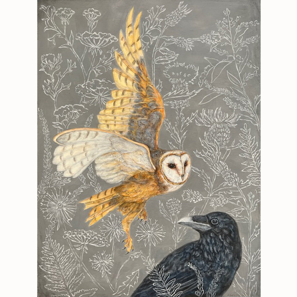 "The Secret Keepers" painting by Martha Worthy, an owl and a raven with botanical illustrations.