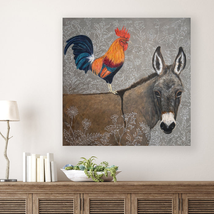 "The Wanderers" by artist Martha Worthy. Acrylic painting of a rooster standing on a donkey's back, with botanical details in the background and foreground. Shown on white wall.