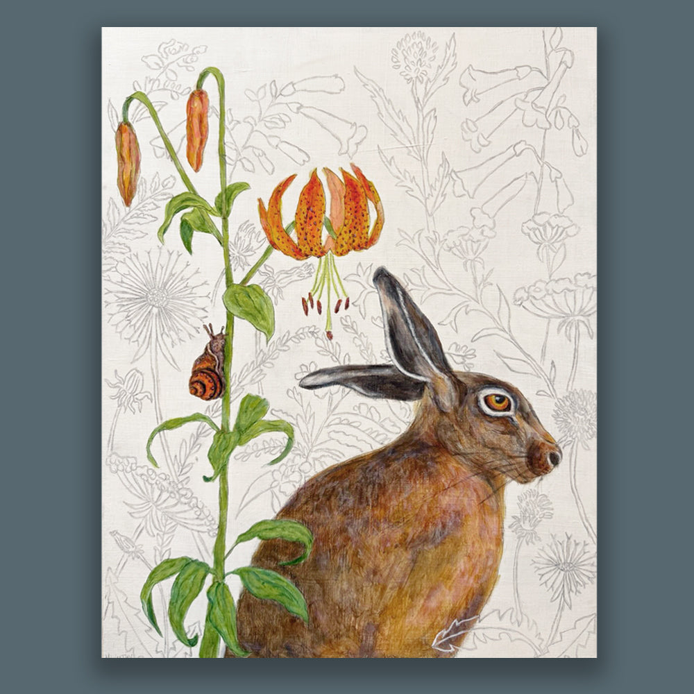 "A Snail's Pace" by artist Martha Worthy. Acrylic painting of a hare, and snail climbing a tiger lily. The off white background is filled outlined flower details. Shown on a dark blue wall.