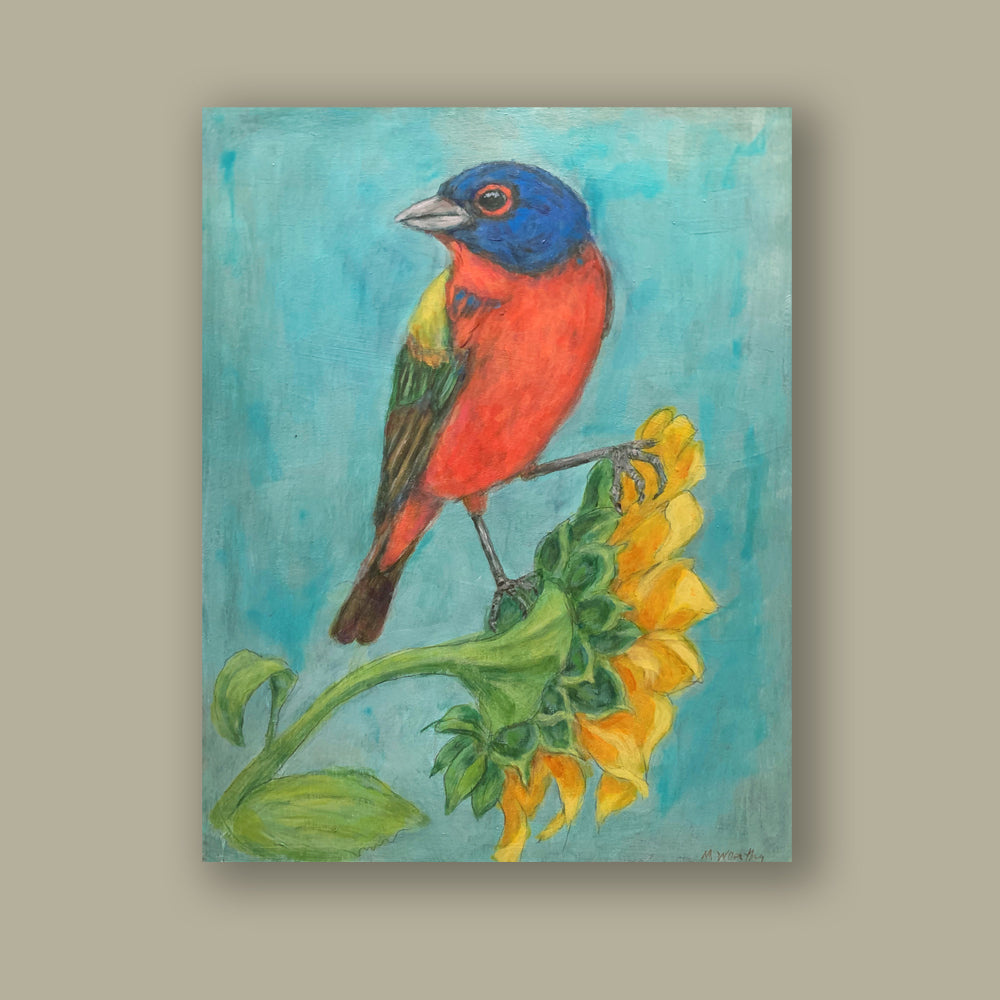 "Painted Bunting with Sunflower" artwork by Martha Worthy. Acrylic painting with a painted bunting  bird perched on a sunflower. Shown on a tan wall.