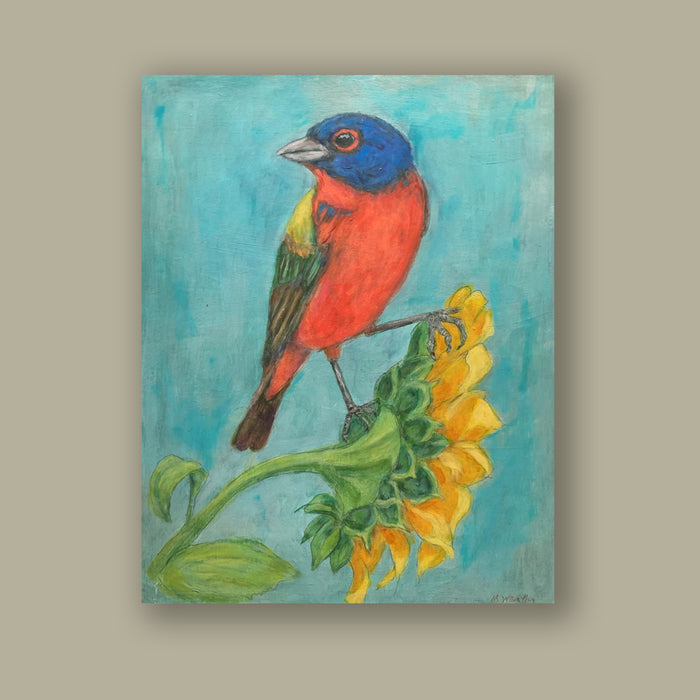 "Painted Bunting with Sunflower" artwork by Martha Worthy. Acrylic painting with a painted bunting  bird perched on a sunflower. Shown on a tan wall.