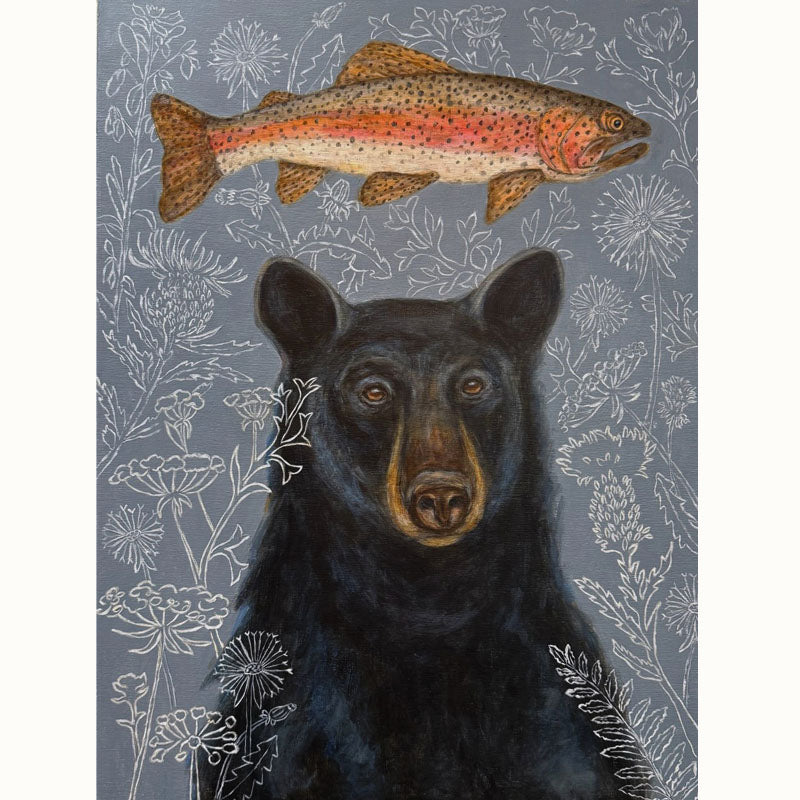 "Bear's Dream" by artist Martha Worthy. Acrylic painting of a black bear with a fish above its head. The gray background is filled with outlines of floral  and botanical details.