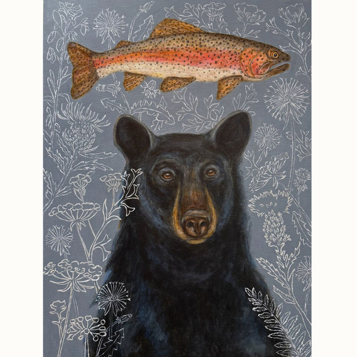 "Bear's Dream" by artist Martha Worthy. Acrylic painting of a black bear with a fish above its head. The gray background is filled with outlines of floral  and botanical details.