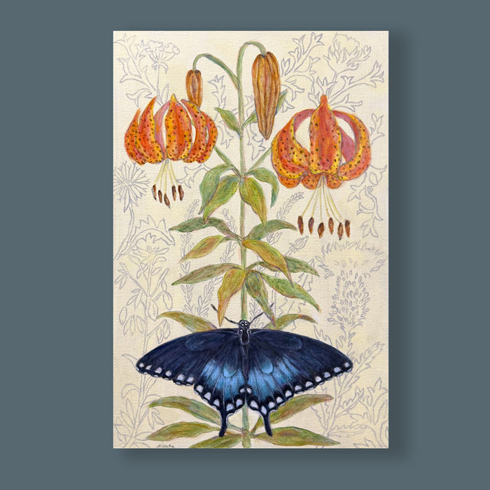 Keeper of Dreams, an illustrative painting by Martha Worthy with a blue swallowtail butterfly and orange tiger lilies. Artwork shown on blue wall.