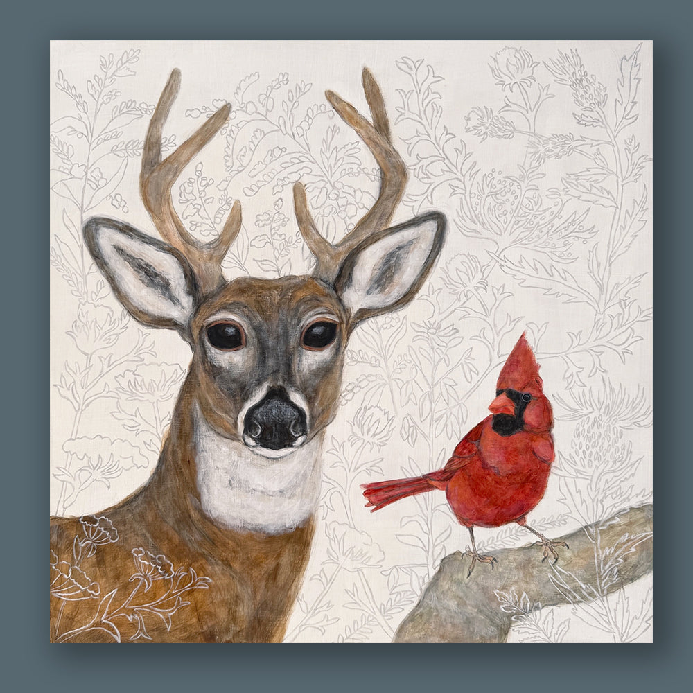 "Forest Wisdom" by artist Martha Worthy. Acrylic painting of a deer and a cardinal, with botanical details in the background and foreground. Painting shown on a blue wall.
