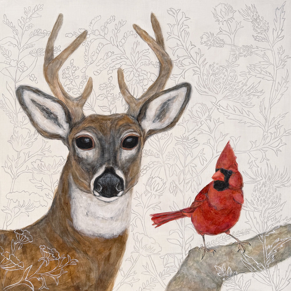 "Forest Wisdom" by artist Martha Worthy. Acrylic painting of a deer and a cardinal, with botanical details in the background and foreground.