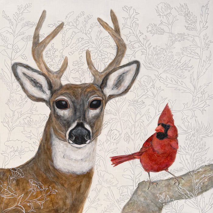 "Forest Wisdom" by artist Martha Worthy. Acrylic painting of a deer and a cardinal, with botanical details in the background and foreground.