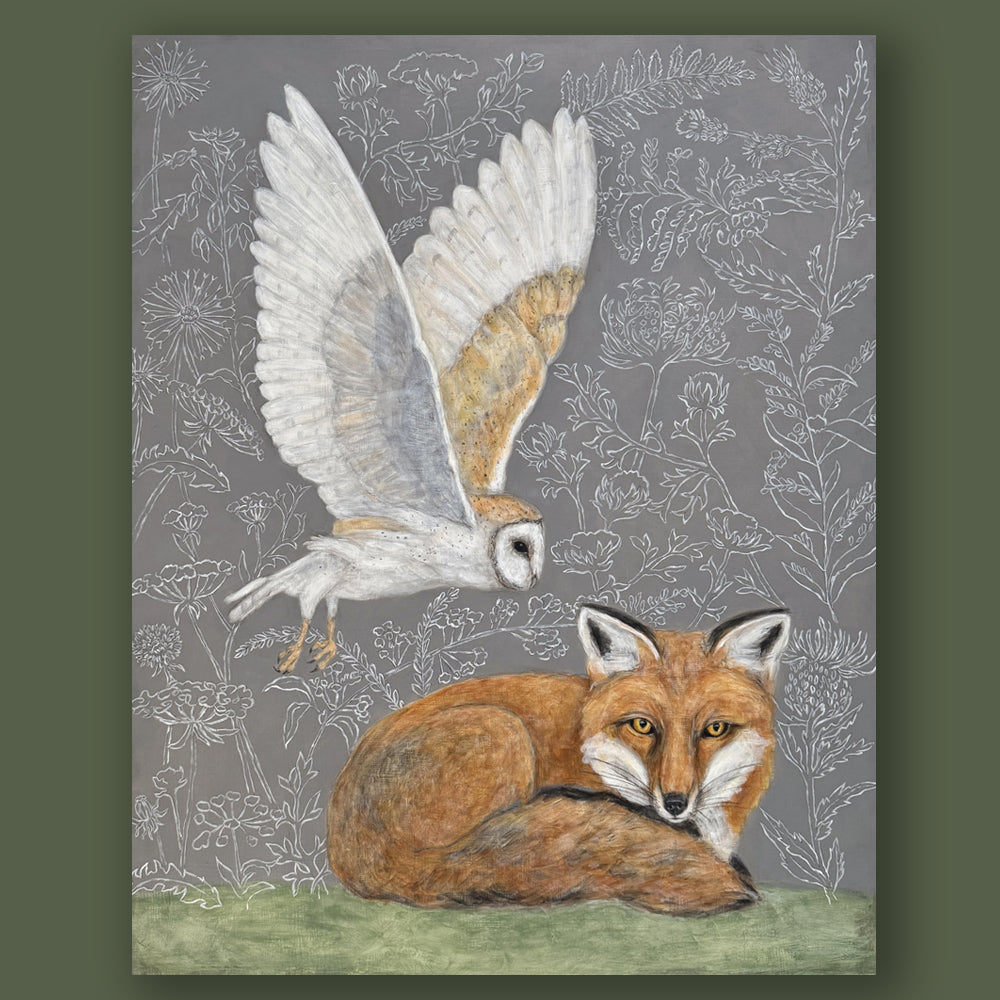 "Whispering Wisdom" acrylic painting by artist Martha Worthy. Nature inspired artwork with a barn owl in flight and a fox resting the ground, botanical details in the background. Shown on green wall.