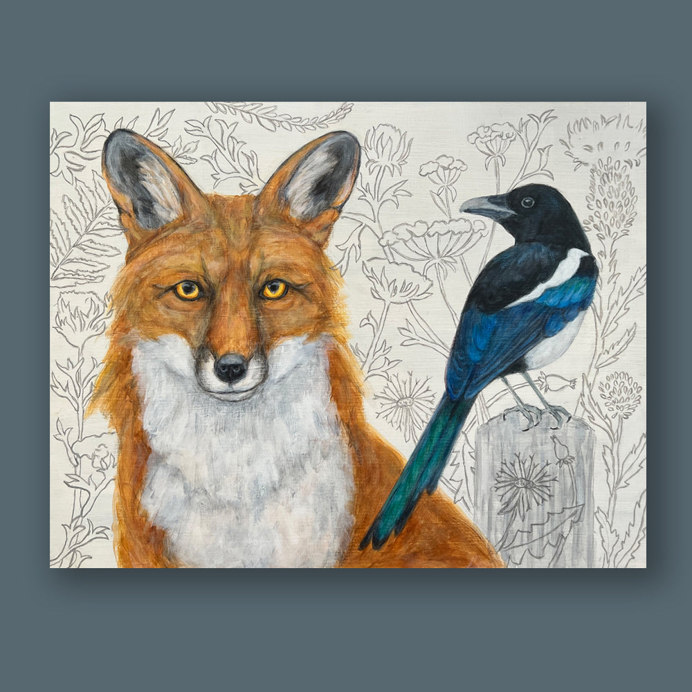 "Protectors of Wisdom", fox and magpie acrylic painting by artist Martha Worthy. Sketched botanical details in background. Artwork shown on a blue wall.