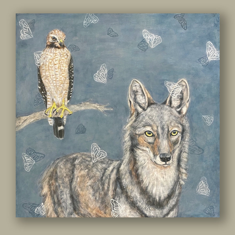 The Hunters" by artist Martha Worthy. Acrylic painting of a hawk and a wolf on a blue background with butterfly wings. Artwork shown on tan wall. 