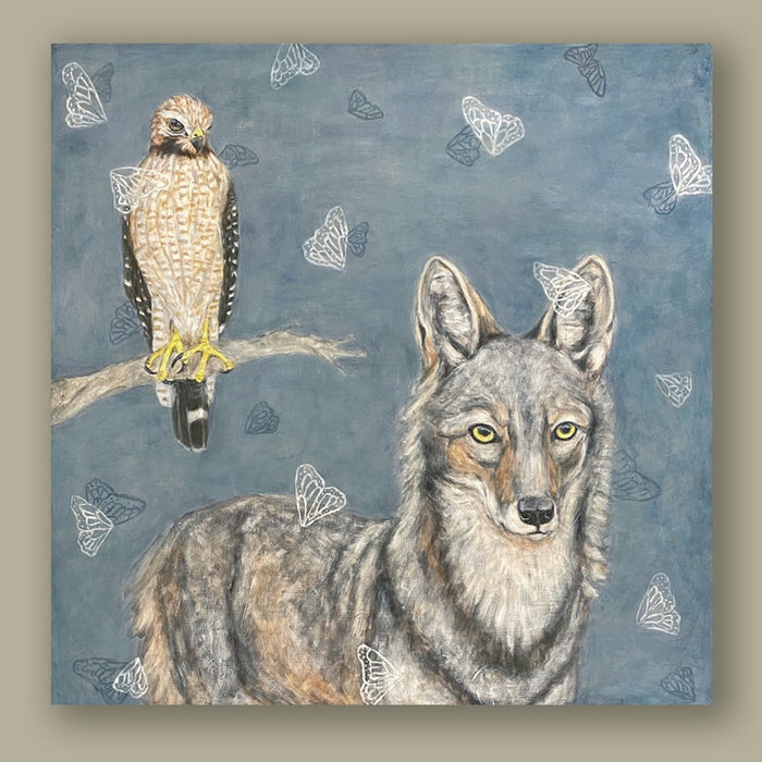 The Hunters" by artist Martha Worthy. Acrylic painting of a hawk and a wolf on a blue background with butterfly wings. Artwork shown on tan wall. 