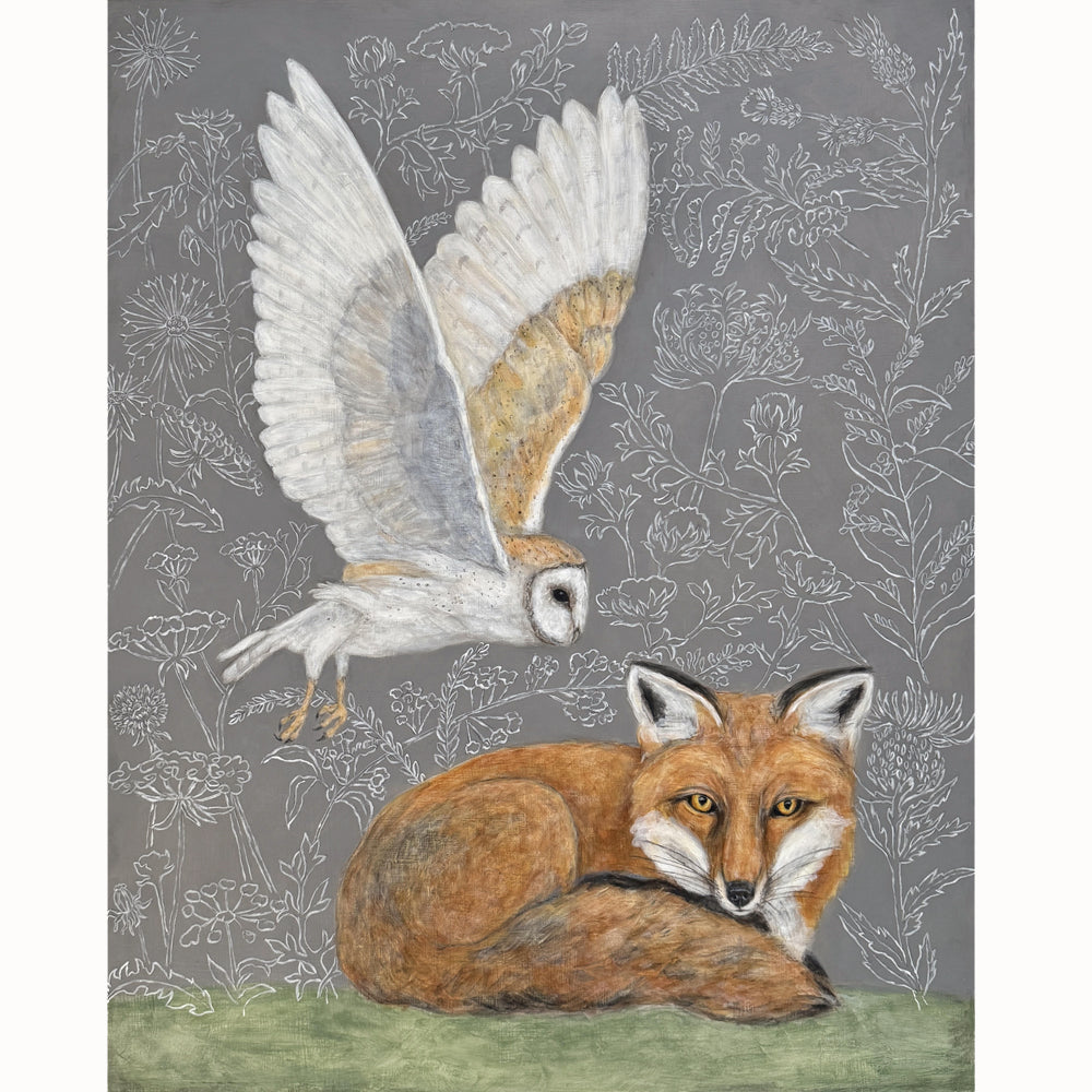 "Whispering Wisdom" acrylic painting by artist Martha Worthy. Nature inspired artwork with a barn owl in flight and a fox resting the ground, botanical details in the background. 