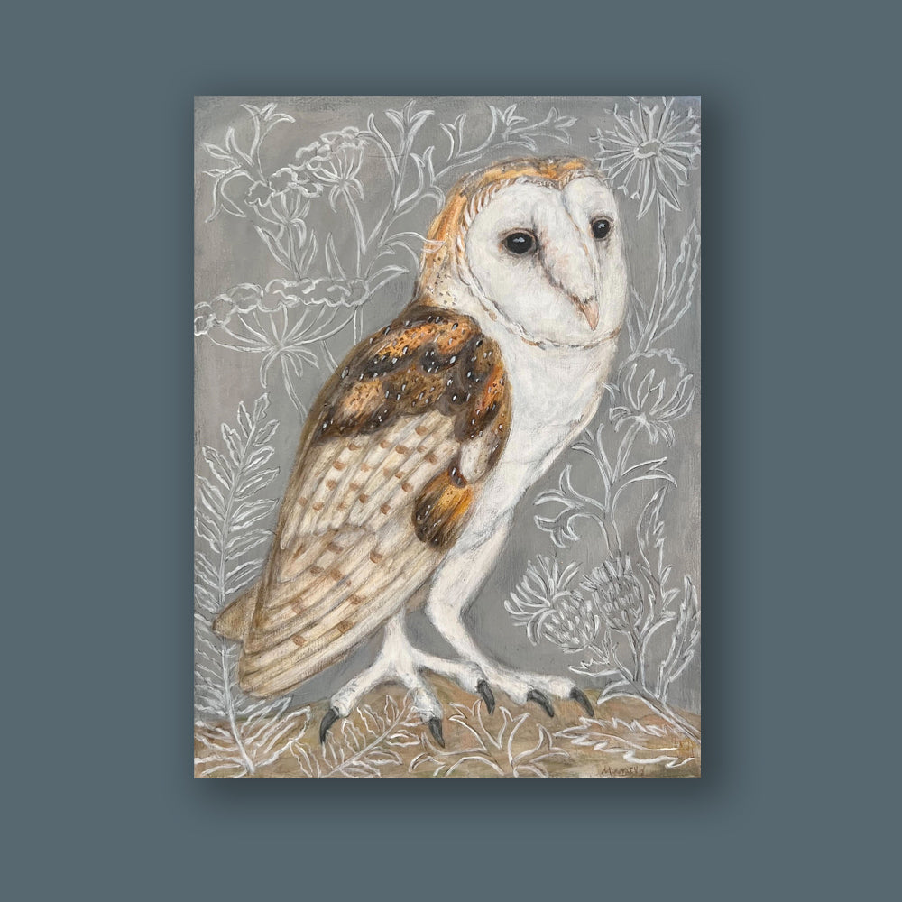 "Ripley", small barn owl and botanical painting by artist Martha Worthy. Artwork shown on a blue wall.