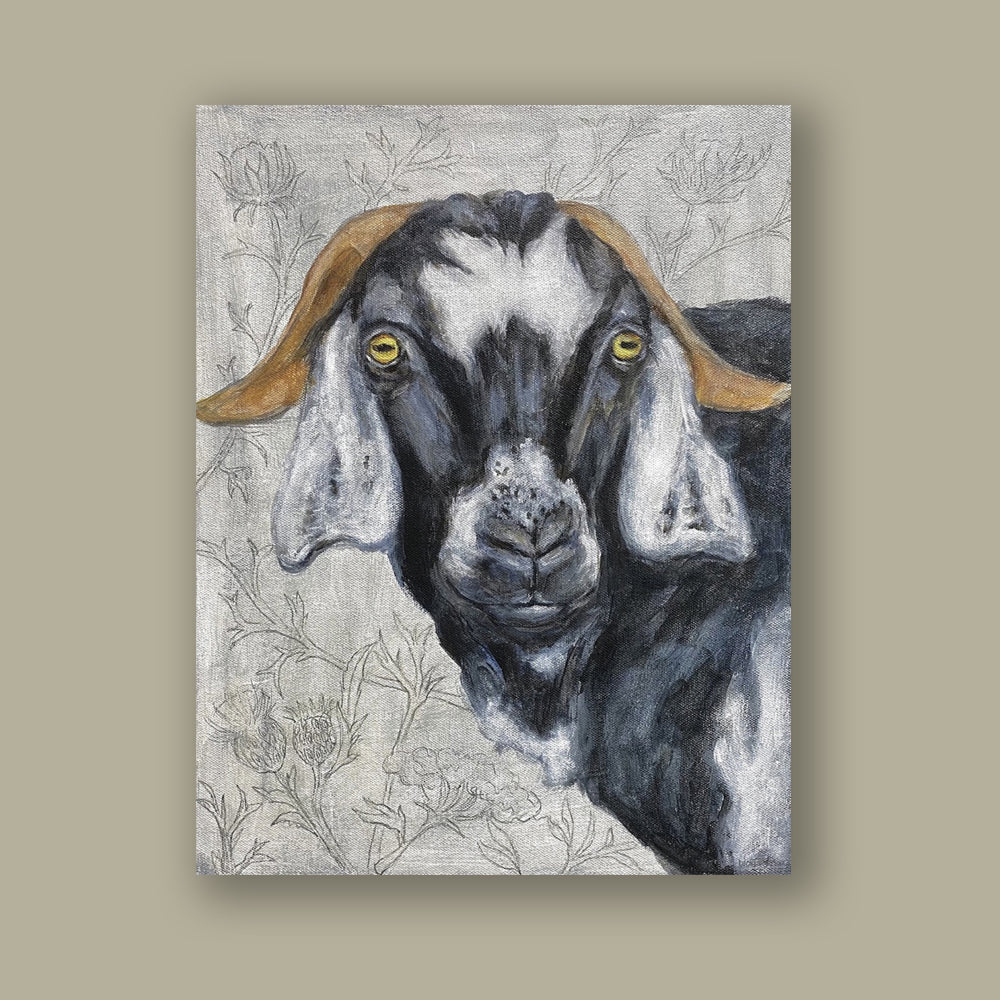 "Eye of the Goat" artwork by artist Martha Worthy. Acrylic painting of a golden eyed, black and white goat with subtle, botanical background. Shown on a tan wall.