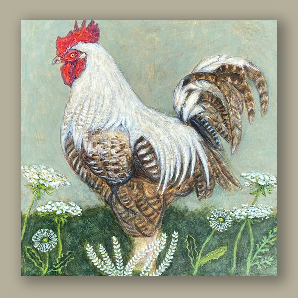"Rooster with Dandelions" artwork by artist Martha Worthy. A folk art inspired painting of a rooster with dandelions in the foreground. Painting shown on a tan wall.