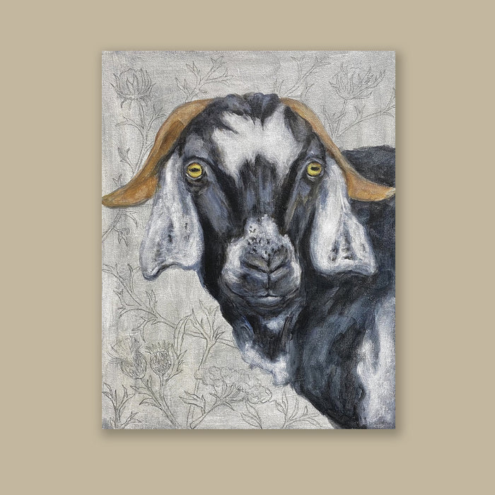 Eye of the Goat painting by Martha Worthy on a tan wall.