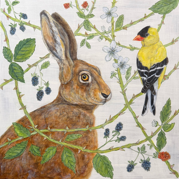 "The Briar Patch" artwork by Martha Worthy. The nature inspired acrylic painting features a rabbit and a goldfinch in a briar patch.