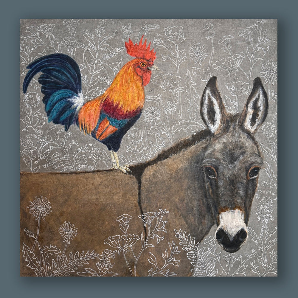 "The Wanderers" by artist Martha Worthy. Acrylic painting of a rooster standing on a donkey's back, with botanical details in the background and foreground. Painting shown on a blue wall.