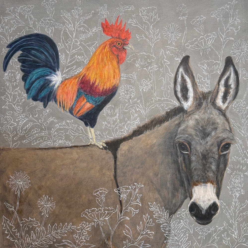 "The Wanderers" by artist Martha Worthy. Acrylic painting of a rooster standing on a donkey's back, with botanical details in the background and foreground.