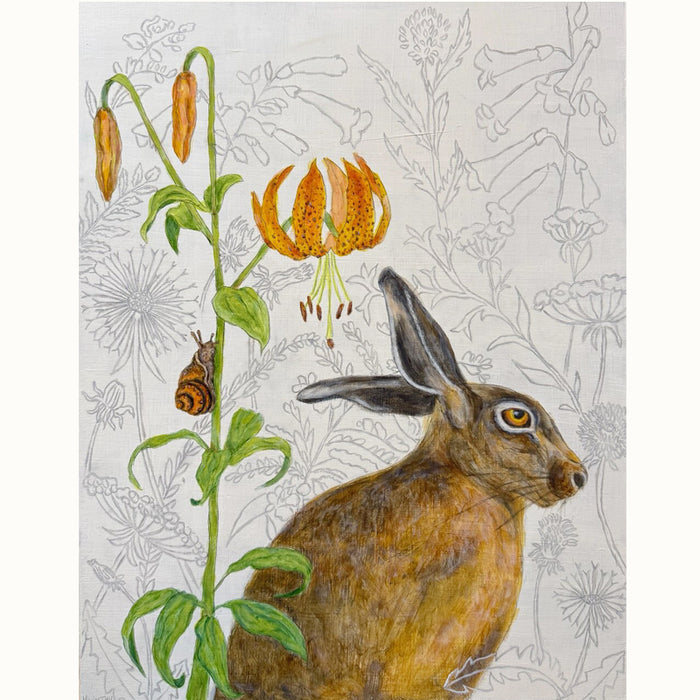 "A Snail's Pace" by artist Martha Worthy. Acrylic painting of a hare, and snail climbing a tiger lily. The off white background is filled outlined flower details.