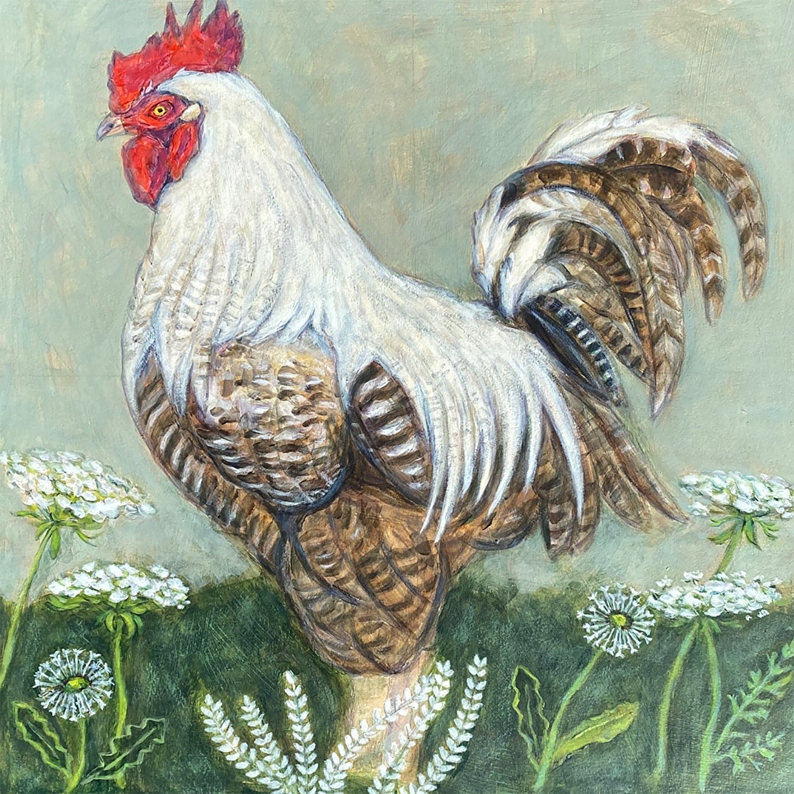 Rooster with Dandelions painting by Martha Worthy, folk art inspired rooster artwork.