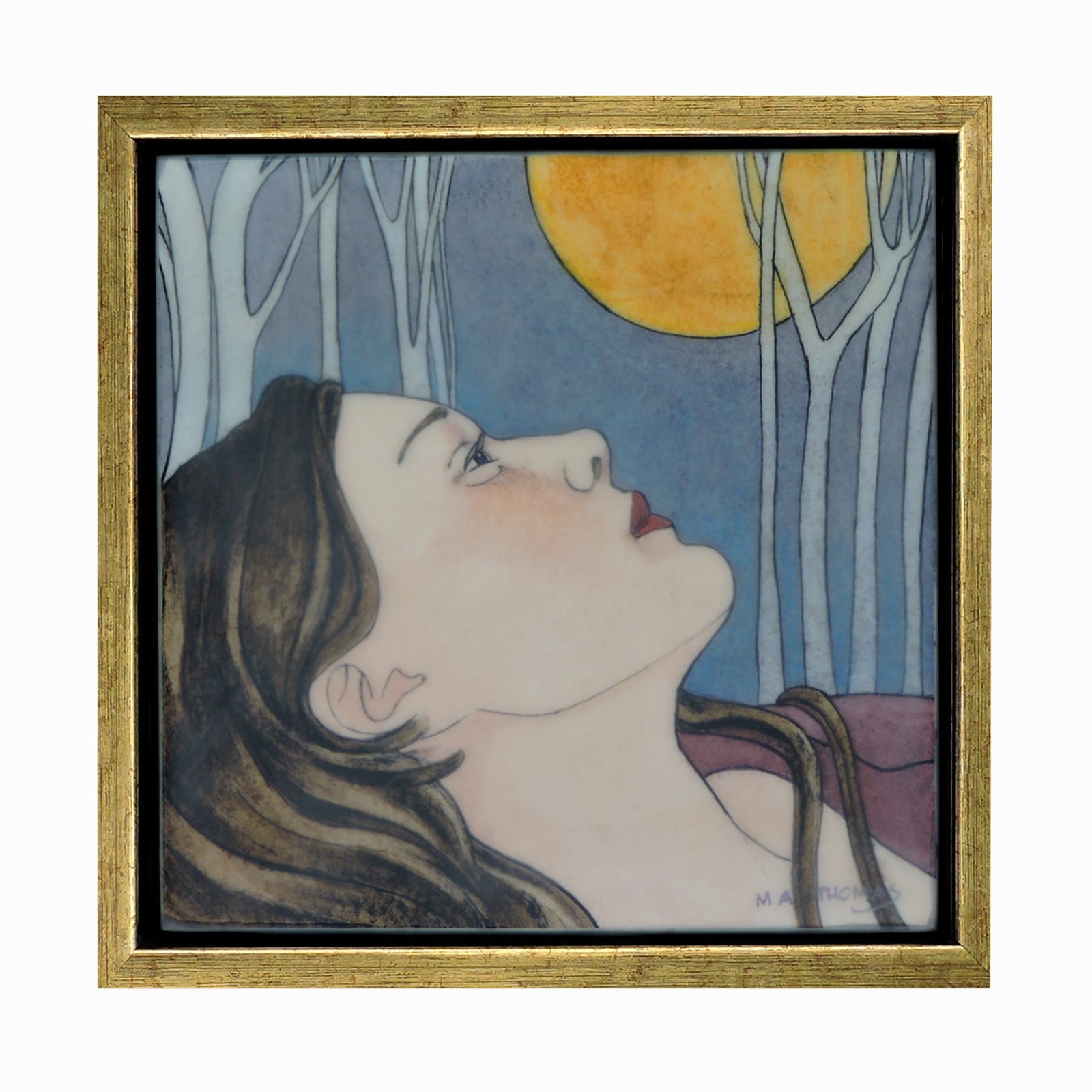 "The Astronomer" watercolor and encaustic painting by Mary Alayne Thomas. A woman gazes up at a golden moon.