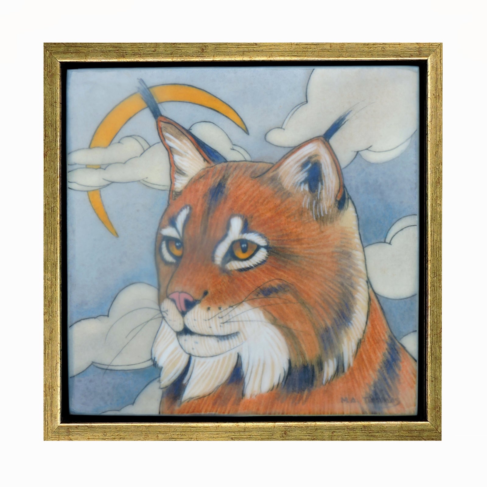 "Crescent" watercolor and encaustic painting by Mary Alayne Thomas. A bobcat with clouds and crescent moon in the background.